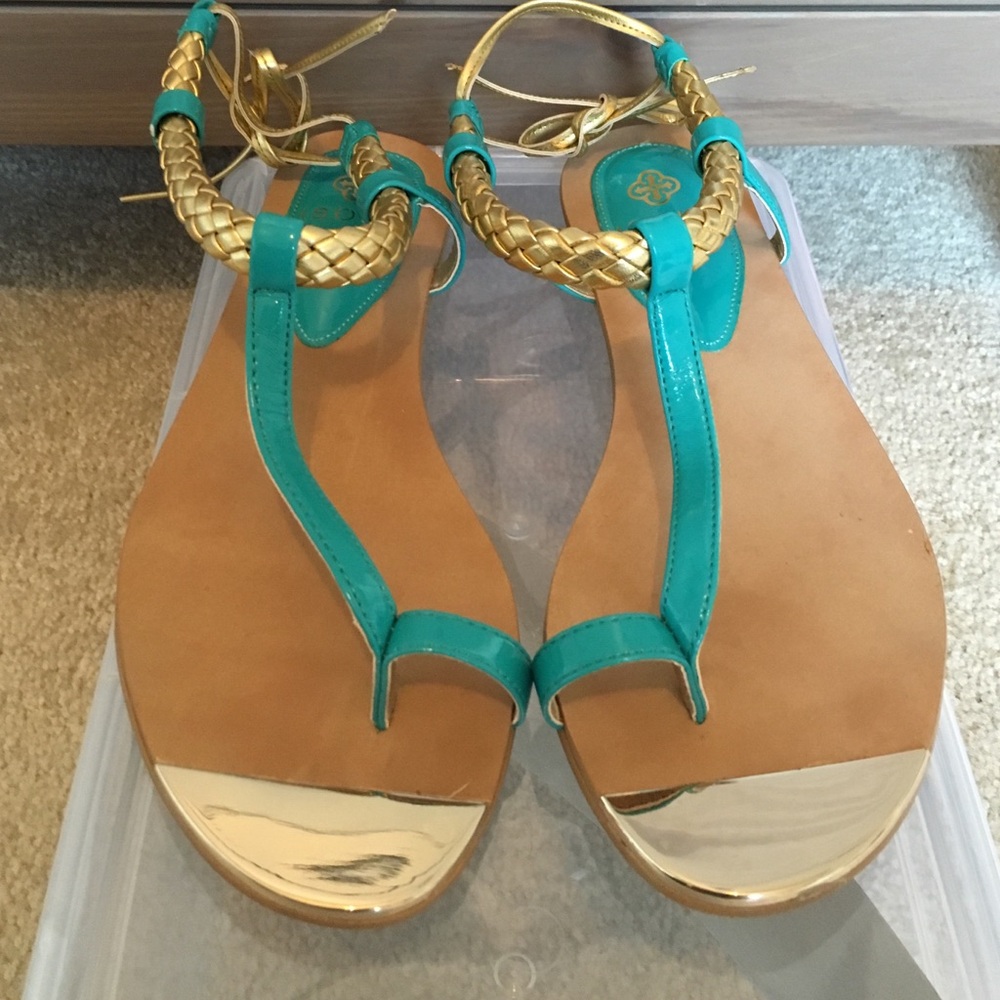 Isola Teal and Gold Braided Strap Toe-Post Sandals